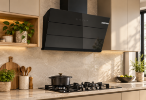 Black Bosch wall-mounted chimney above a hob in a luxury kitchen