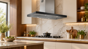 Black island chimney above a cooktop in a luxury modular kitchen